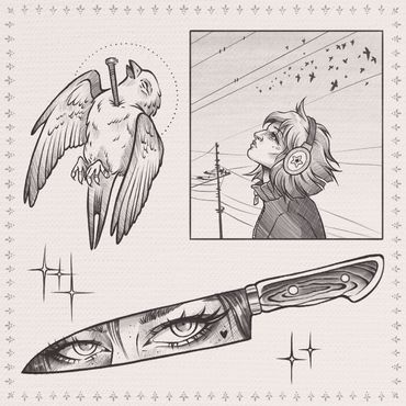 Tattoo Flash Sheet: Vogel mit Dolch, Person mit Kopfhörern, Masser mit Augen, Sterne - Hamburg