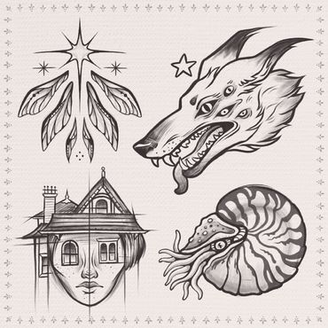 Tattoo Sheet: Wolfskopf mit mehreren Augen, Nautilus, Gesichtshaus, Sternornament - Volume 5 Tattoo