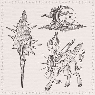 Tattoo Sheet: Muschel, Mond mit Wolken und geflügelter Ziegenbockk mit Laterne - Volume 5 Tattoo