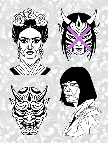 Flash mit vier Schwarz-Weiß-Motiven: Frauenportäts und zwei Oni-Masken-verfügbar bei Volume 5 Tattoo