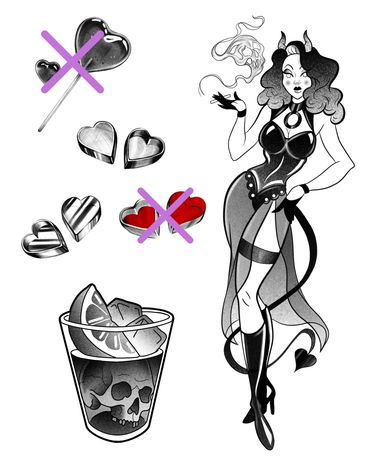 Tattoo Wannado Dämonenfrau mit Herzen und Totenkopf Drink - Dark Art Tattoo Hamburg