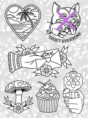 Flash mit Oldschool-Motiven: Herz mit Palmen, Hundekopf, Hand mit Brief, Pilz, Cupcake, Lutscher