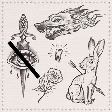 Wannado Sheet in Black & Grey mit verschiedenen Motiven: Wolfskopf, Auge mit Dolch, Zahn, Rose, Hase