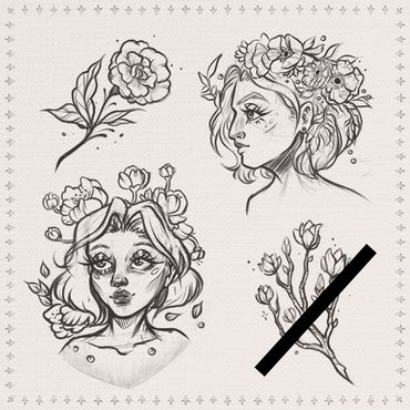 Tattoo Sheet: Frauenportraits mit Blumen im Haare und florale Motive in feiner Linework - Hamburg