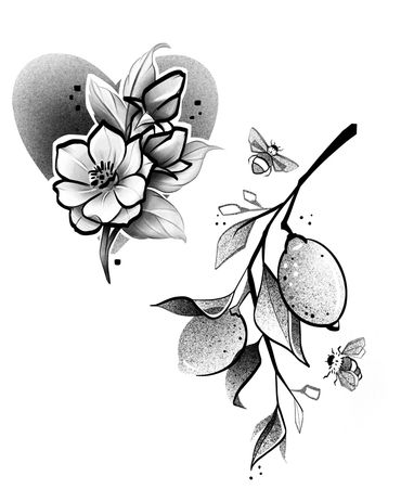 Tattoo Vorlage Zitruszweig mit Zitronen, Blättern und Bienen - filigranes Black & Grey Tattoo