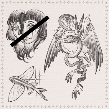 Tattoo Sheet: fliegender Fisch, Vogel mit Schlange und geteiltes Gesicht - Volume 5 Tattoo Hamburg