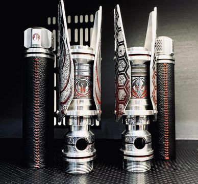 Jedi and Sith weathered lightsabers with stitched leather grips