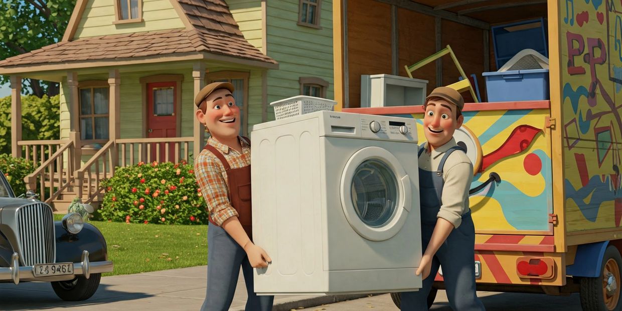 Two movers carry a washing machine in front of a colorful moving truck and a house.