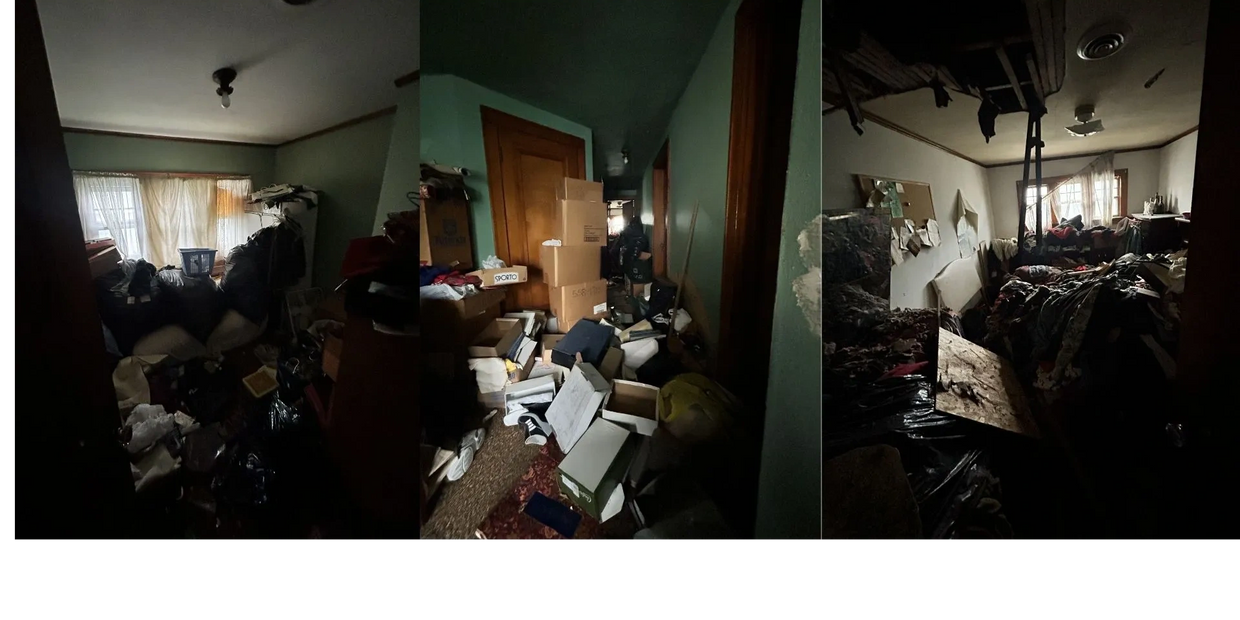 Cluttered and dark rooms filled with boxes, bags, and debris under damaged ceilings.