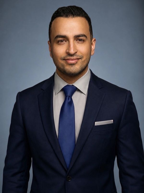 Confident man in a navy blue suit and tie.
