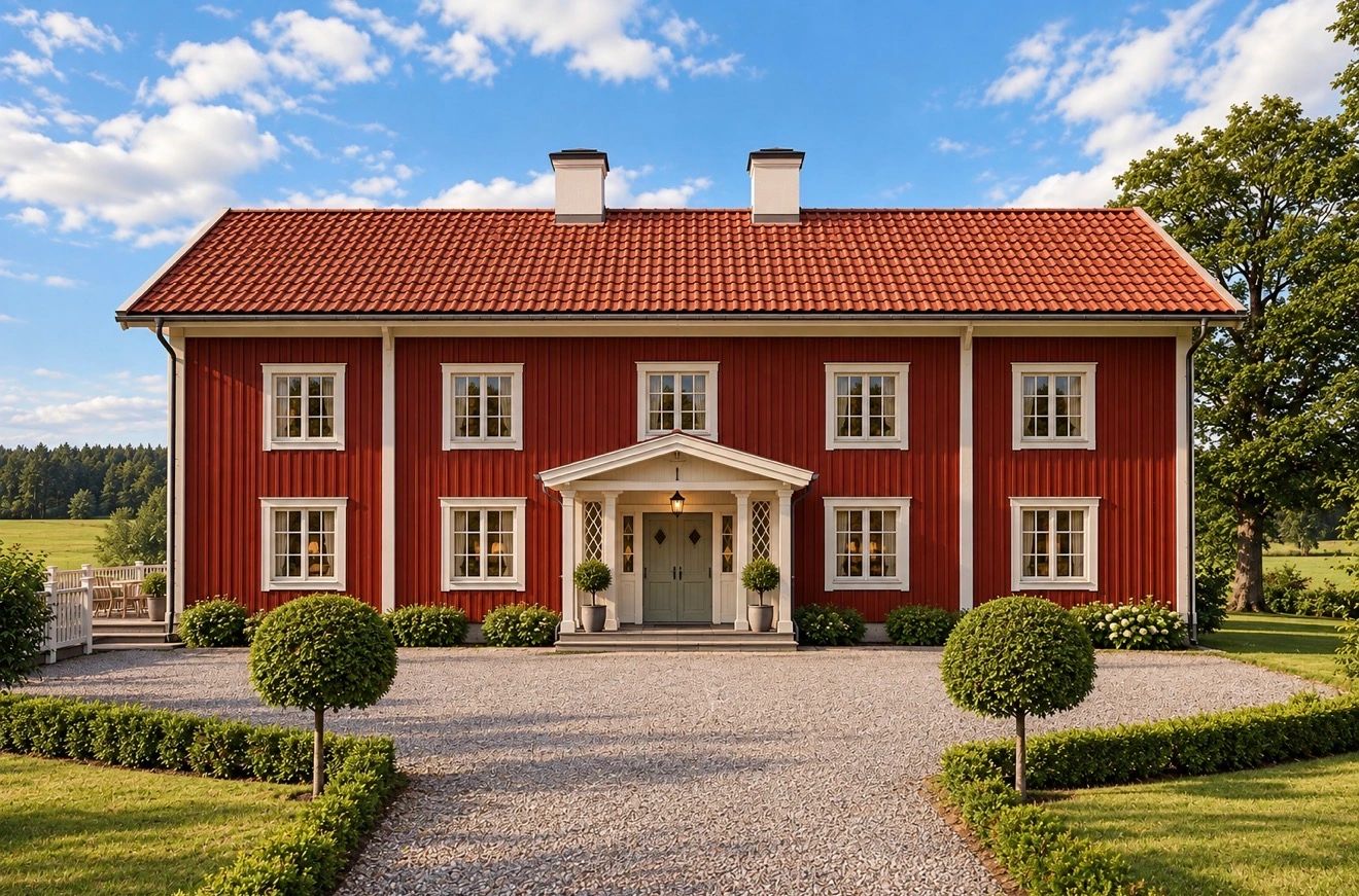 Ett typiskt svenskt rött trähus med vit knutar och fint trädgårdslandskap.
