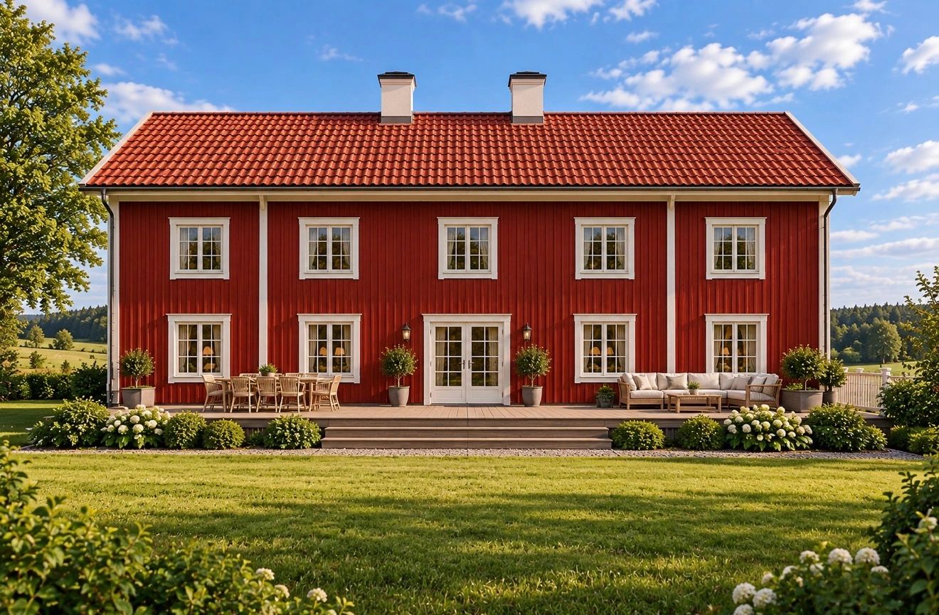 Röd klassisk svensk villa med vita fönster och trädgård.