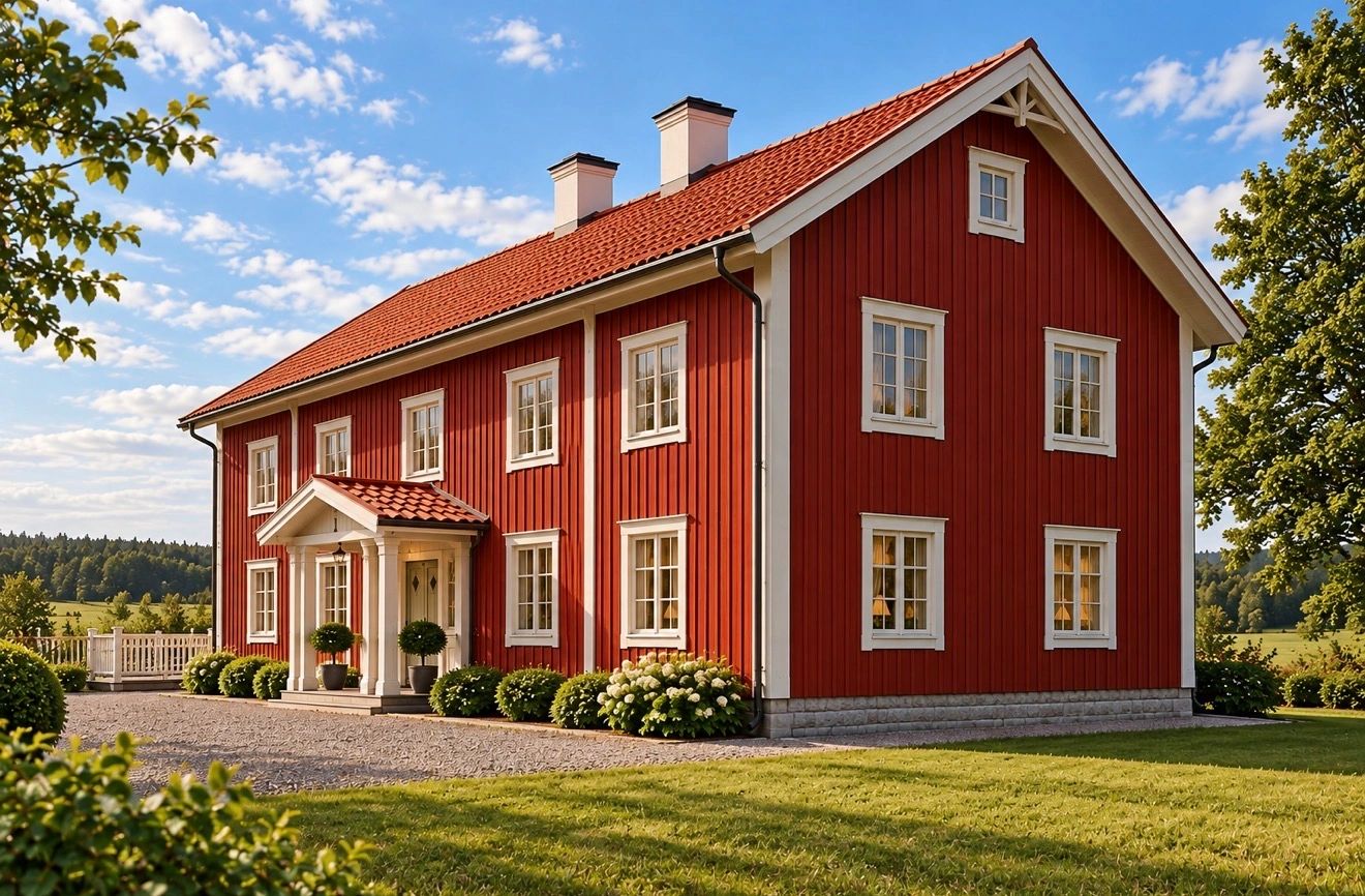 Typiskt svenskt rött hus med vita knutar på landet.