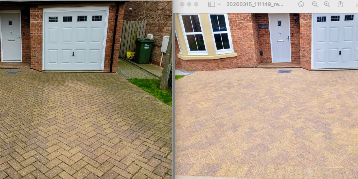 Before and after driveway cleaning comparison.