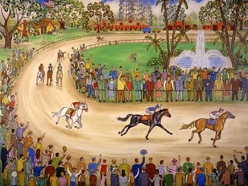 horses, horse race, jockeys, fountain, spectator, prints, paintings, wall art wall decor, home decor