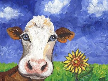 cow, cows, farm animals, barnyard animals, country life, sunflower, flower, paintings, prints