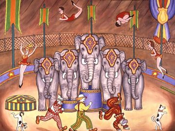 circus, carnival, theme park, elephants, acrobats, clowns, 