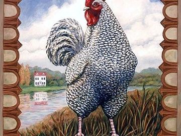 rooster, chicken, bird, farm animal, barnyard animal, animal, landscape, river, paintings, prints