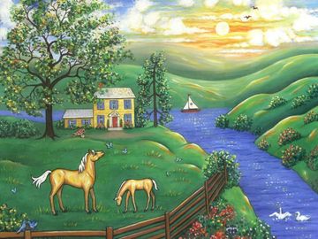 landscape, sunrise, sunset, horses, ponies, river, sailboat, whimsical, paintings, prints, wall art