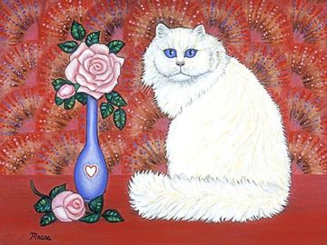 cat, kitten, persian cat, Valentine's day, love, pets, white cat, rose, pink rose, paintings, prints
