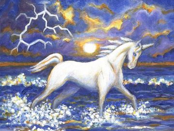 horse running, unicorn, seascape, lightening, storm, surf, paintings, prints, wall art, home decor