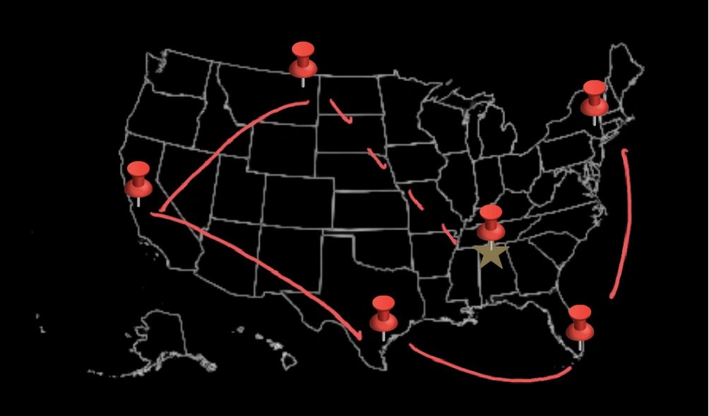 US map with red pins and connecting arrows.