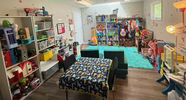 Fun play therapy room filled with so many choices - games, expressive arts, imagination, sensory, and so much more.