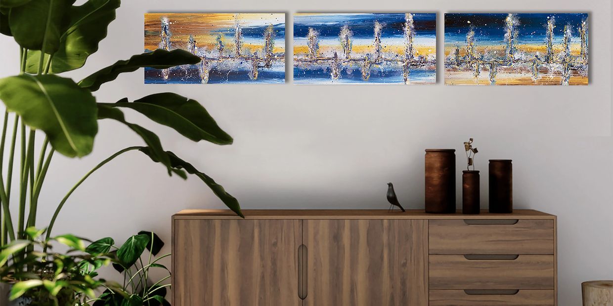 Acrylic abstract artist, Rosemary Craig's triptych, Mercurial