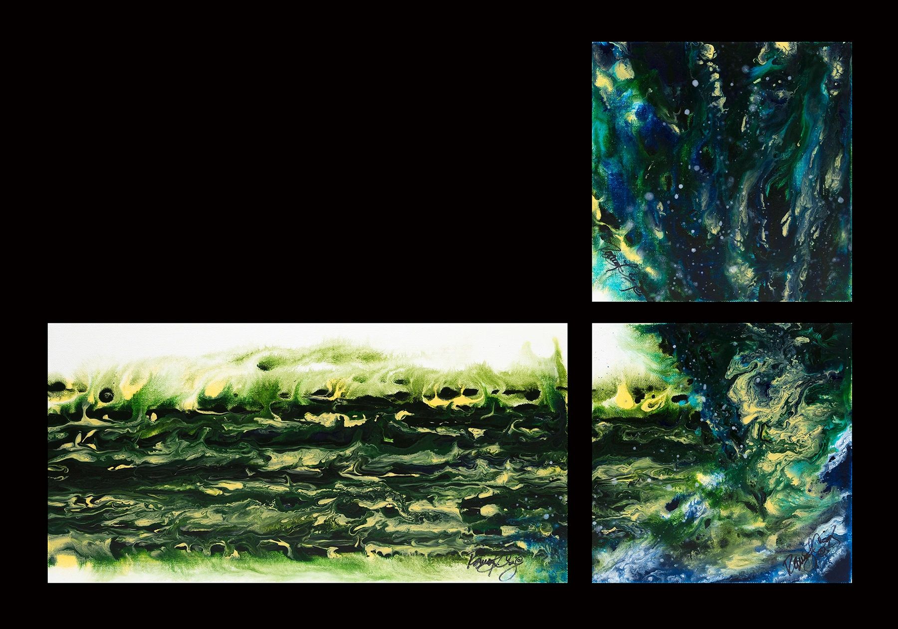 Acrylic abstract artist, Rosemary Craig's triptych, Diverge