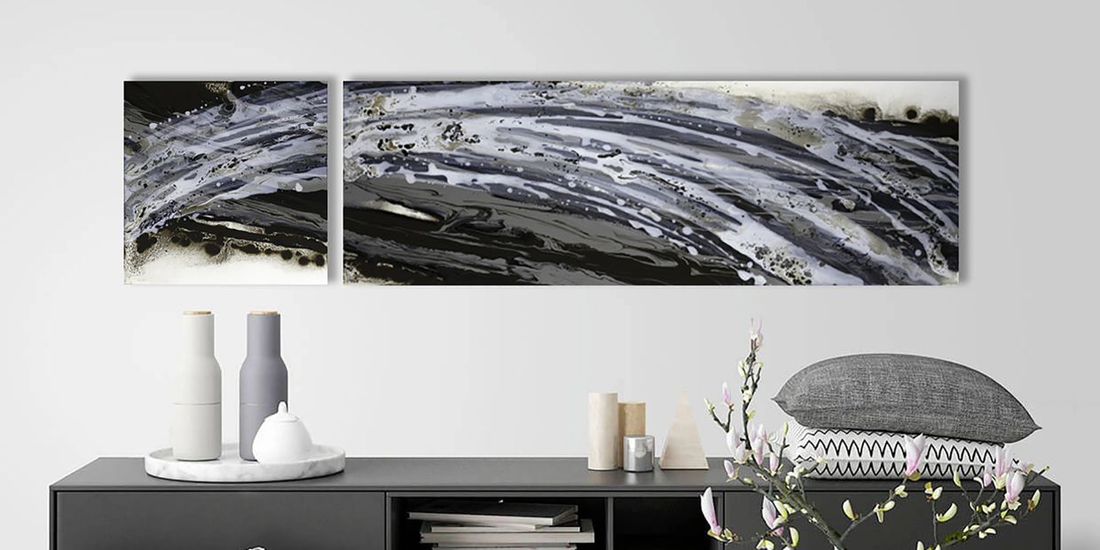 Acrylic abstract artist, Rosemary Craig's diptych, Eclipse