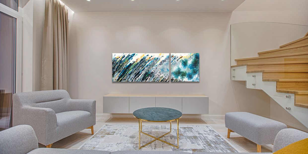 Acrylic abstract artist, Rosemary Craig's diptych, Break