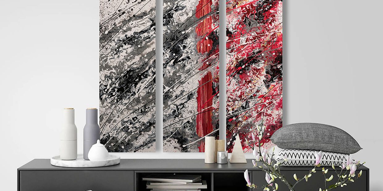 Acrylic abstract artist, Rosemary Craig's triptych, Coalescence