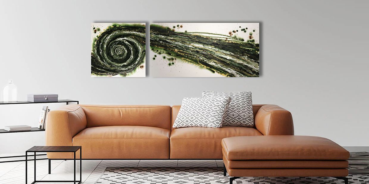 Acrylic abstract artist, Rosemary Craig's diptych, Unconstrained