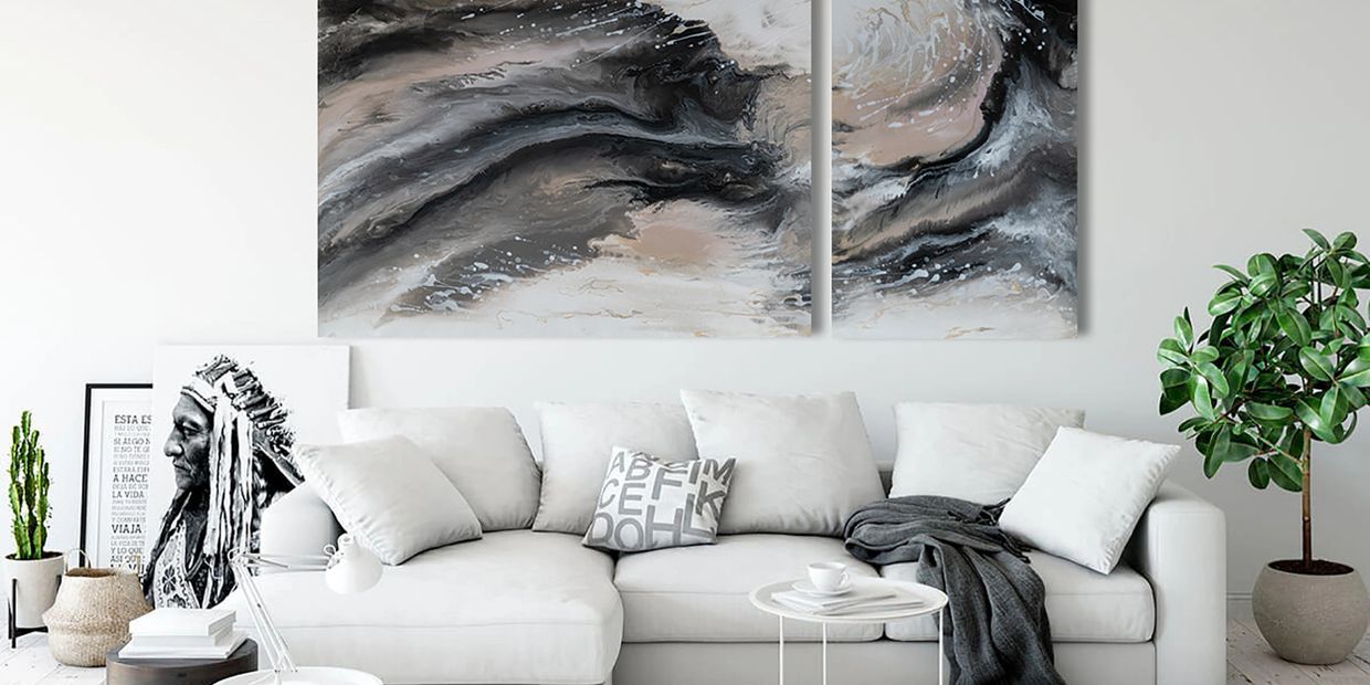 Acrylic abstract artist, Rosemary Craig's diptych, Unveiled