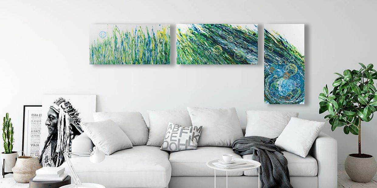 Acrylic abstract artist, Rosemary Craig's triptych, A Moment in Time