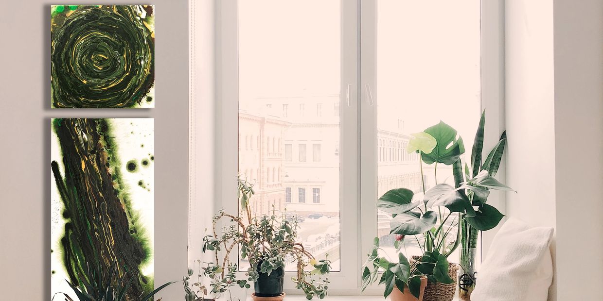 Acrylic abstract artist, Rosemary Craig's triptych, Emancipation