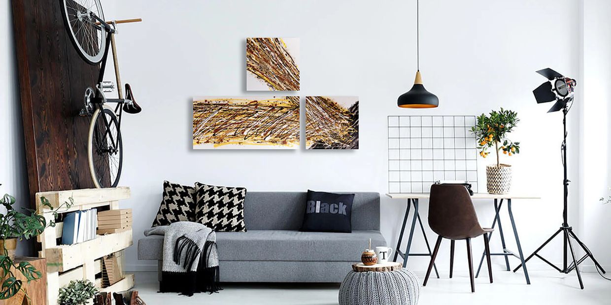 Acrylic abstract artist, Rosemary Craig's triptych, Circumnavigate
