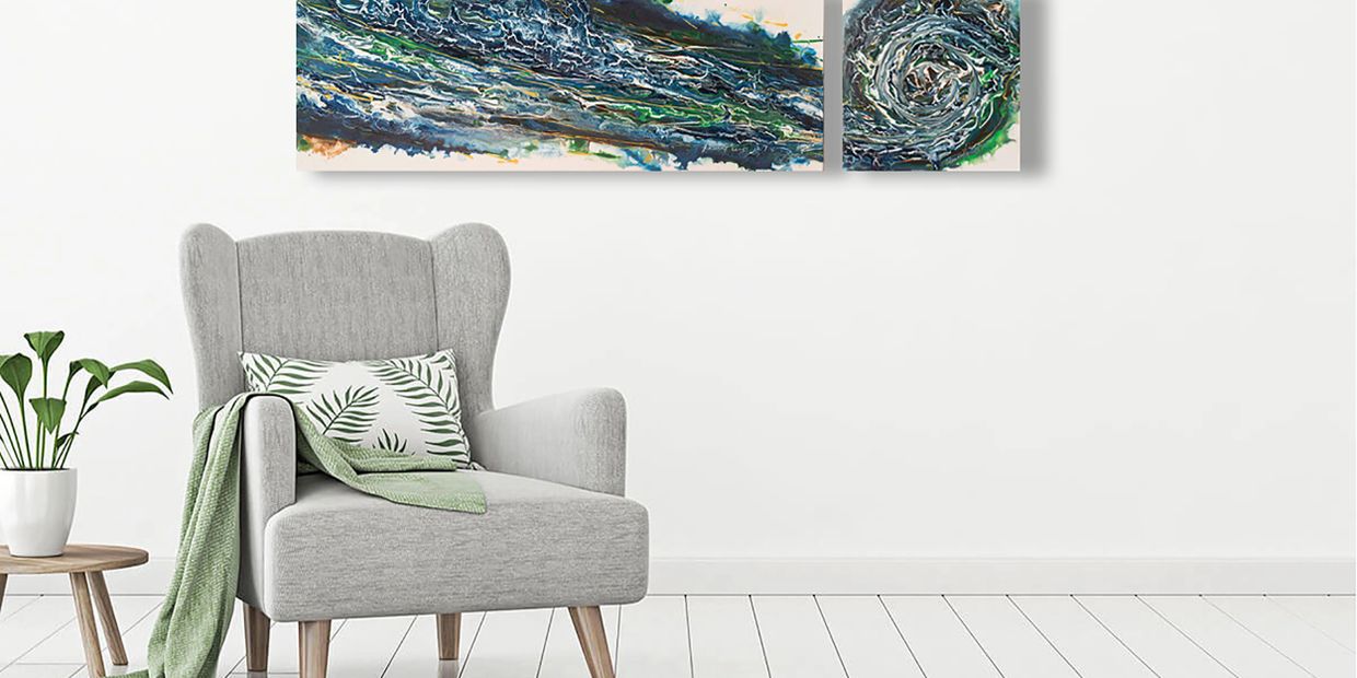 Acrylic abstract artist, Rosemary Craig's diptych, Contrary