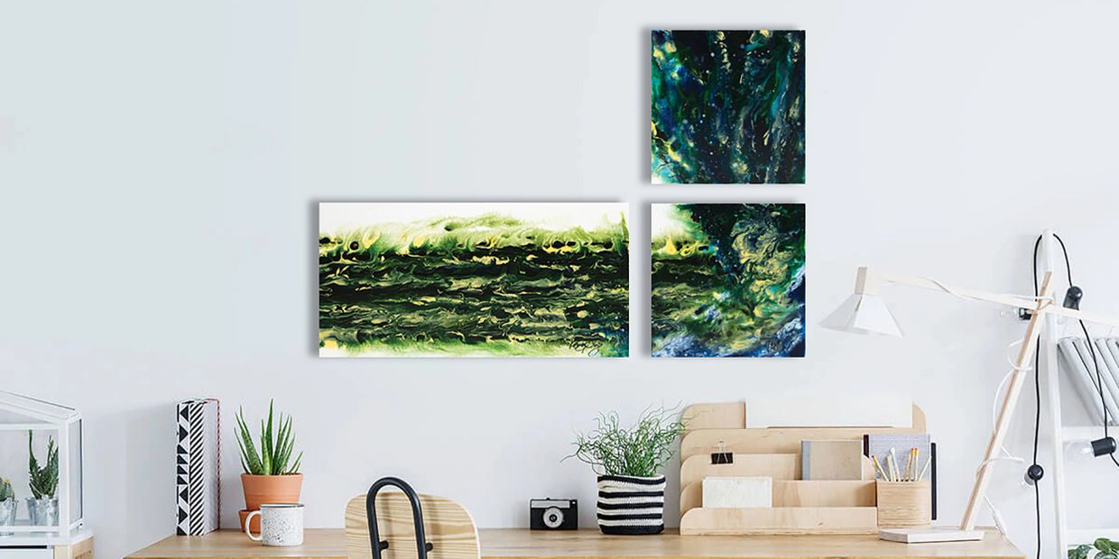 Acrylic abstract artist, Rosemary Craig's triptych, Diverge