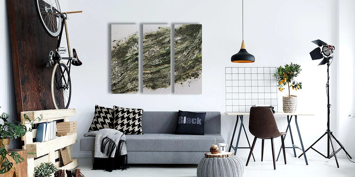 Acrylic abstract artist, Rosemary Craig's triptych, Tempest