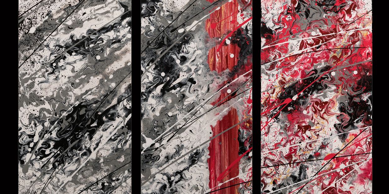 Acrylic abstract artist, Rosemary Craig's triptych, Coalescence