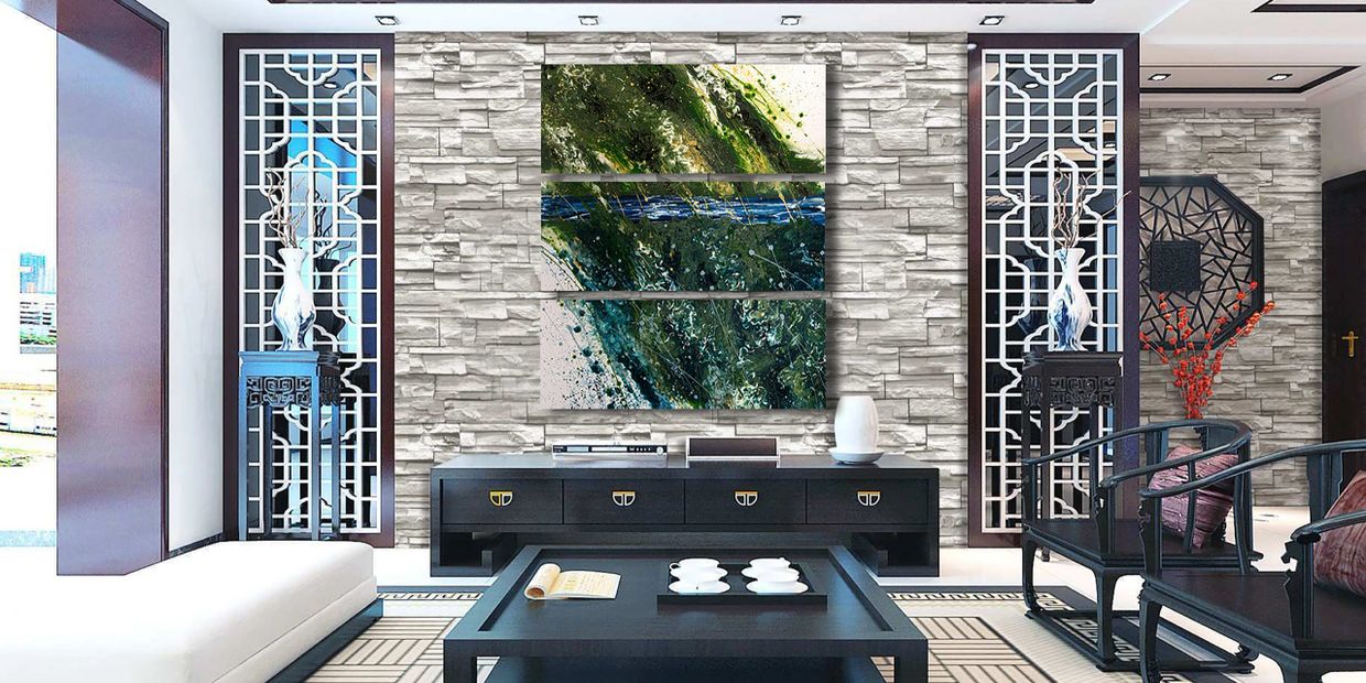 Acrylic abstract artist, Rosemary Craig's triptych, Transformation