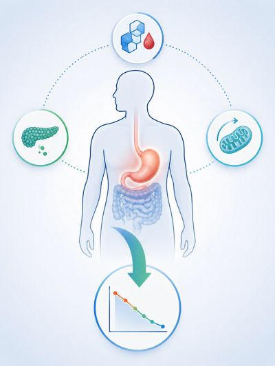 Ilustración del sistema digestivo con iconos de glucosa, páncreas, mitocondria y gráfico de descenso. cirugia metabolica