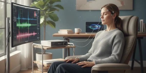Woman undergoing brainwave analysis with EEG equipment.