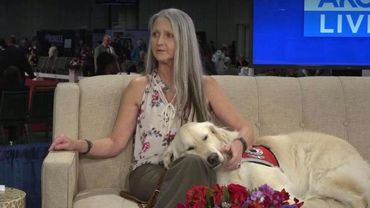 A woman in casual business clothing with long gray hair is sitting on a couch with a white fluffy se