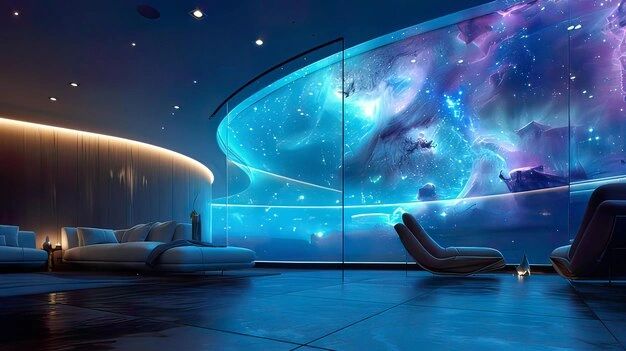 Modern lounge with galaxy-themed large curved screen.