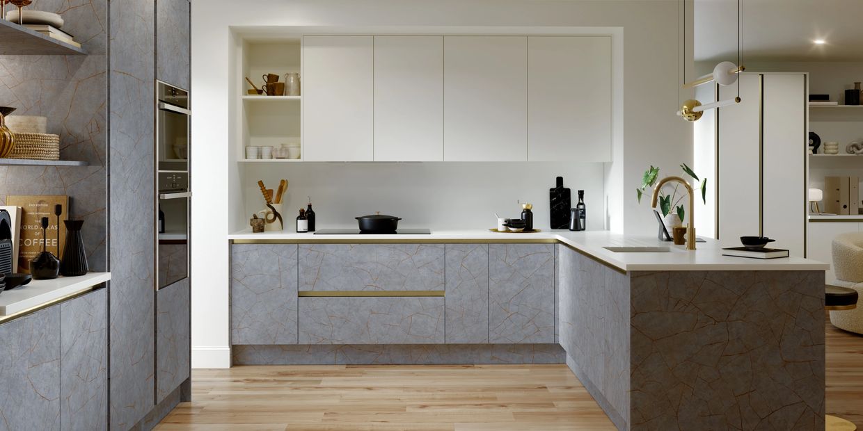 Scribes Kitchen Co Venice Kitchen In Porcelain Gold Grey & Matt Snow White Spring promotion example