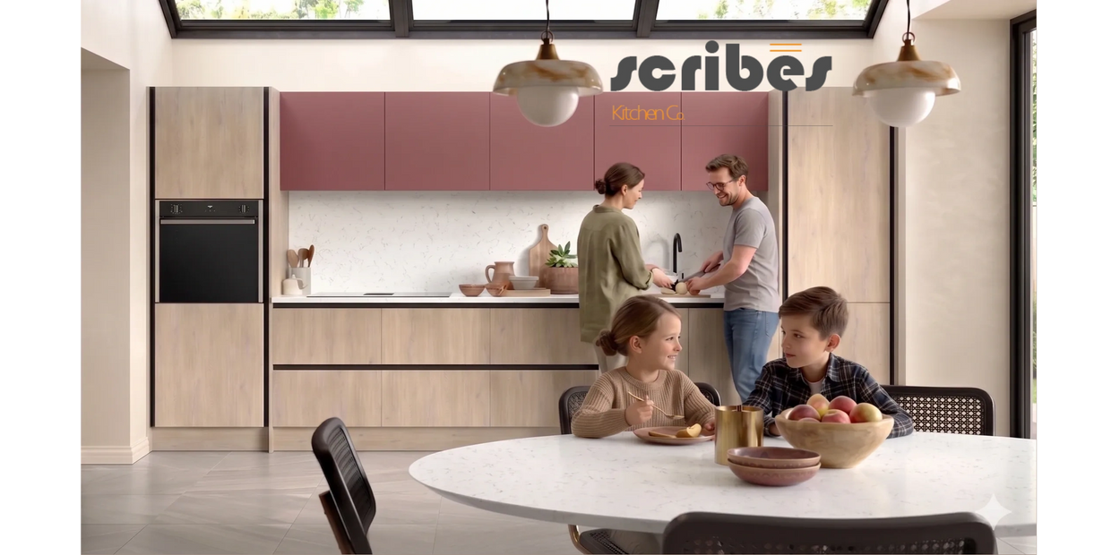 Scribes Kitchen Co Venice Kitchen in Rusty Red & Cremona Oak. Spring promotion example set.