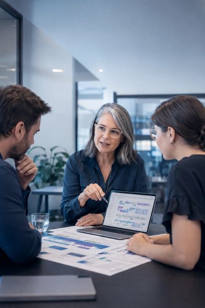 Three professionals discussing work plans with a laptop.