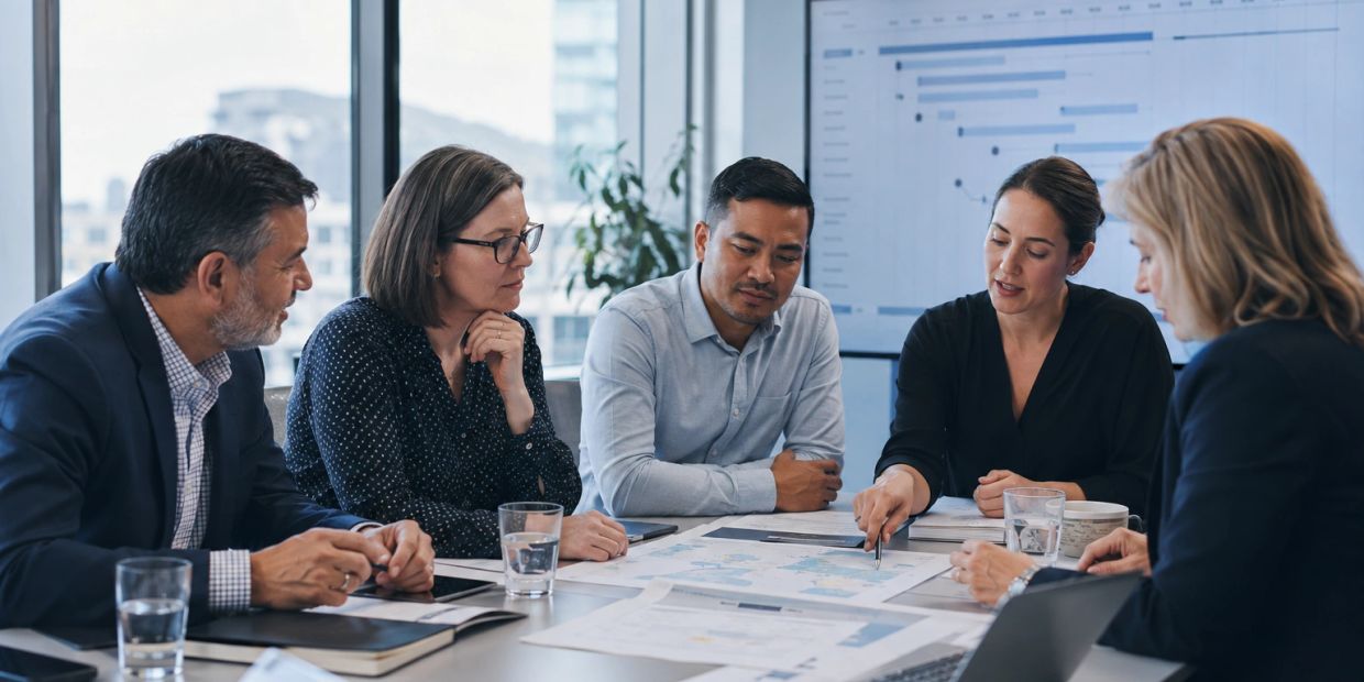 Group meeting discussing charts and data in conference room.
